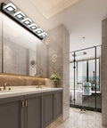 Six Light Modern Matte Black Vanity Light Fixture With Acrylic LED in elegant bathroom above mirror cabinets