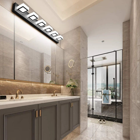 Six Light Modern Matte Black Vanity Light Fixture With Acrylic LED in elegant bathroom above mirror cabinets