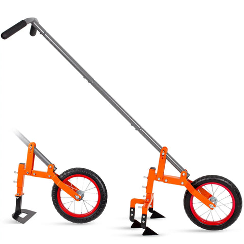 2 In 1 Manual Wheel Hoe Garden Cultivator With Adjustable Long Handle 51.9 To 64.9 Inches, dual tool attachments on display