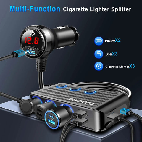 Plug Straight Into Your Whip With This Eight In One Cigarette Lighter Adapter showing dual PD 30W USB C ports and three USB ports.