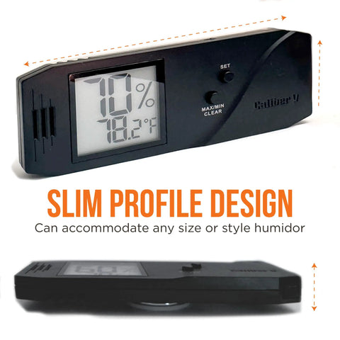 Caliber V Digital Hygrometer And Thermometer With Swiss Made Sensor, Slim 4 Inch Humidity Gauge For Real Time Temp And Humidity Readings, Black Finish, angled view