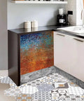 Peeling Paint Magnetic Dishwasher Panel Cover Vinyl Decal in weathered steel and antique wood look on kitchen dishwasher