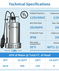 Technical specifications of Powerful Half HP Stainless Steel Submersible Sump Pump with Automatic On Off Float Switch