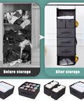 Comparison of a cluttered closet with organized Six Shelf Hanging Closet Organizer With Five Drawers And Three Pockets, Black.