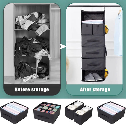 Comparison of a cluttered closet with organized Six Shelf Hanging Closet Organizer With Five Drawers And Three Pockets, Black.