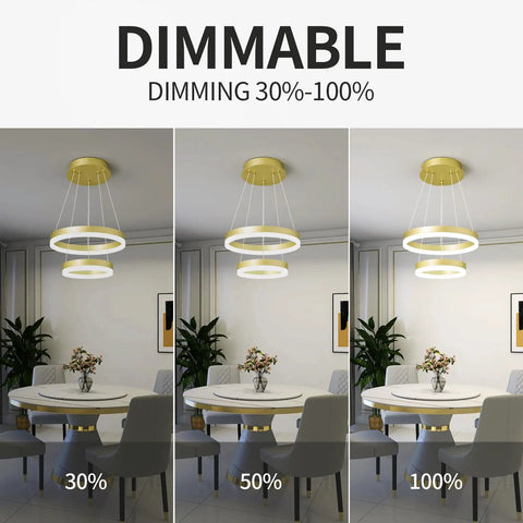 Modern LED Two Ring Gold Chandelier for Staircase Foyer and Living Room with dimmable light settings at 30%, 50%, and 100%