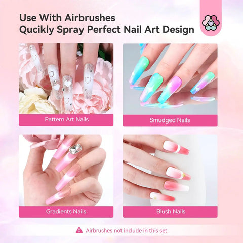 Four nail art styles using Airbrush Gel Nail Polish Set With 12 Vitality Colors Hema Free Dilution Free Non Acetone Formula