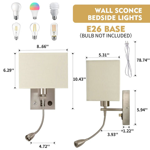 Two Pack Plug In Wall Sconce Set With Dimmable Switches And USB Ports Brushed Nickel Bedside Reading Lamps for E26 Base