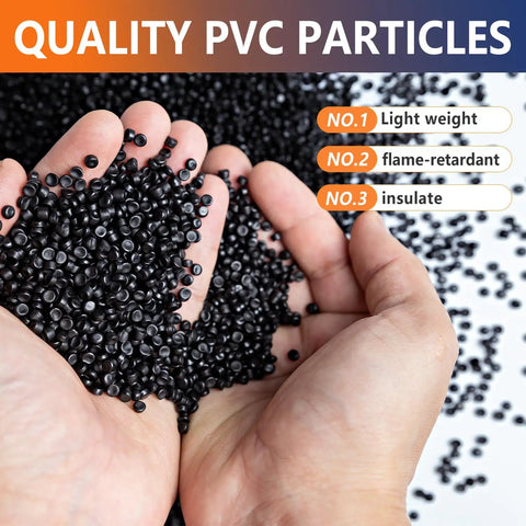 Hands holding black PVC particles, labeled as lightweight, flame-retardant, and insulating, under 'Quality PVC Particles' banner.