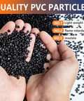 Hands holding quality PVC particles with light weight, flame-retardant, and insulate properties displayed.