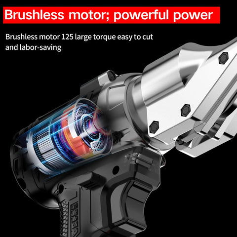 Close-up of Powerful 21V Cordless Electric Metal Shears with brushless motor and chrome vanadium blade.