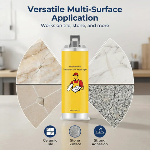 All-In-One Tile Repair Kit For Cracks And Chips, Quick-Drying Glue With Color-Matching Paste shown with tile surfaces