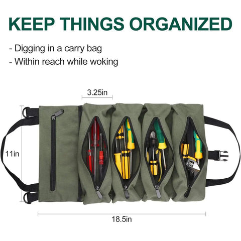 Heavy Duty Tool Roll Up Bag Portable Organizer For Mechanics Electricians And Repair Pros Waterproof Oxford Cloth Zipper Pouch Green Durable Tool Storage Case For Home Shop And On The Go with 5 compartments