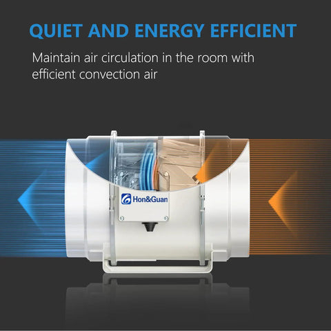A Quiet 8 Inch Inline Duct Fan with Beefy PWM Motor for Heating and Cooling Boost, showing air flow direction and mixed flow design.
