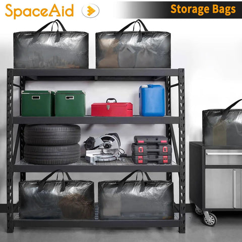 Heavy Duty Moving Bags 8 Pack Extra Large Storage Totes with strong handles on shelves in a garage setup