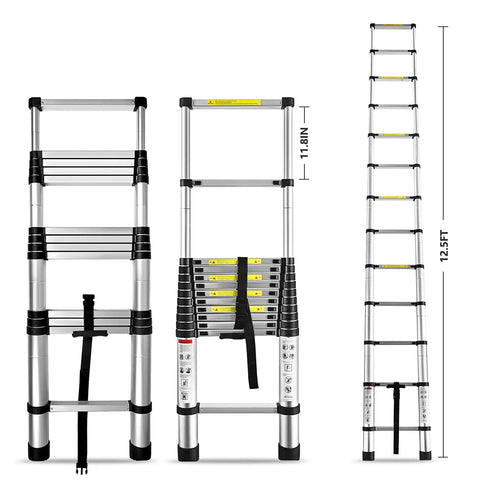 12.5ft Telescoping Aluminum Ladder With Locking Mechanism extended and collapsed, front view with 330 lb capacity