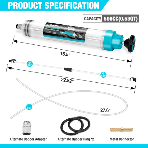 DURATECH 500CC fluid extractor with long hose and extension tubes; Amazon copper adapter, rubber rings, metal connector.
