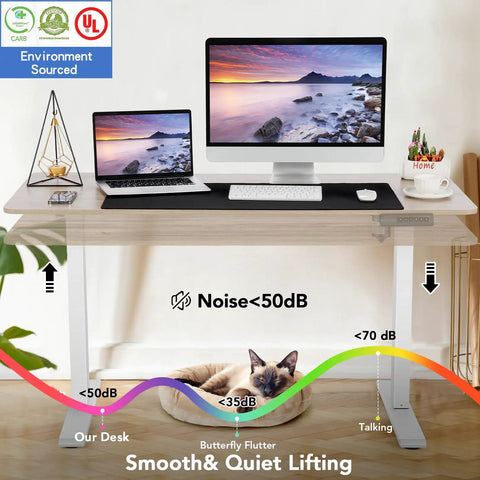 Upgraded 55 Inch Oak Gray Electric Standing Desk With Memory Settings, Large Mouse Pad, Rolling Wheels And Foot Support Perfect For Home Office Workstations Ergonomic Adjustable Height Computer Table with laptop and monitor.