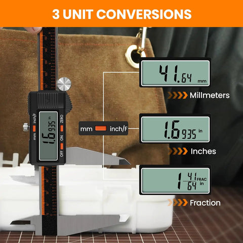 Stainless Steel Digital Caliper 12 Inch With Large LCD Screen Auto Off Inch Millimeter Switch For DIY Jewelry 3D Printing And Precision Measuring Tool displaying 3 unit conversions on LCD display.