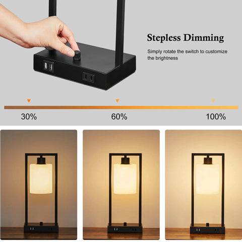 Industrial Table Lamp Set Of 2 Dimmable Nightstand Lamps With USB Ports And AC Outlet, Matte Black Finish With Frosted Glass Shade