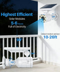 Solar Motion Sensor Lights Outdoor Aluminum Flood Light installed on patio wall, IP66 waterproof, detects 10-26 ft, 90-degree angle