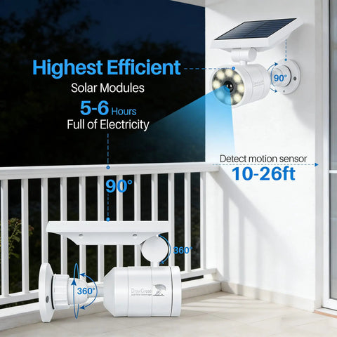 Solar Motion Sensor Lights Outdoor Aluminum Flood Light installed on patio wall, IP66 waterproof, detects 10-26 ft, 90-degree angle