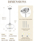 JAZAVA 9.8 Inch Brushed Nickel Pendant Lights Kitchen Island,Bubble Glass dimensions and specifications, showcasing adjustable height.