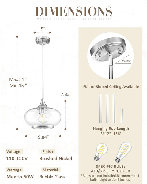 JAZAVA 9.8 Inch Brushed Nickel Pendant Lights Kitchen Island,Bubble Glass dimensions and specifications, showcasing adjustable height.