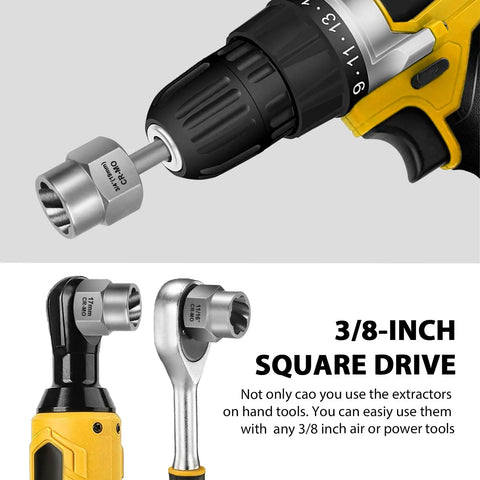 Stripped Bolt Extractor Kit - 18-Piece Socket Set attached to drill and wrench, 3/8-inch drive, CR-MO steel sockets shown in use