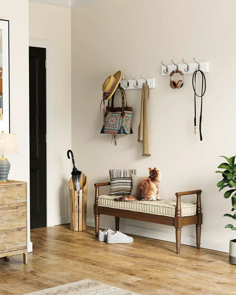 Two Pack Wall Mounted Coat Rack Set With Heavy Duty Hooks For Coats Hats And Bags in use in an entryway, slim white finish.
