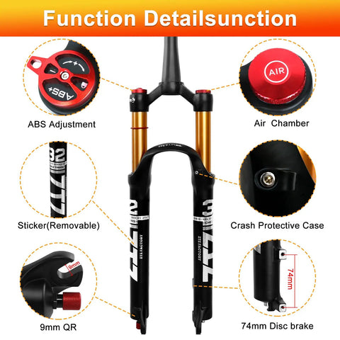 Ultralight Air Suspension Front Fork For MTB With 120mm Travel, 1 1/8 To 1.5 Inch Tapered Steerer, 9mmx100mm QR, Manual Lockout, Gold