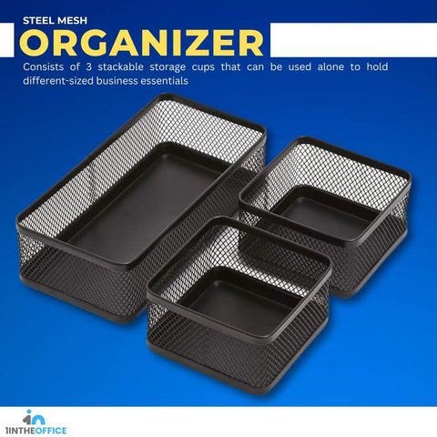 Mesh Desk Drawer Organizer Tray With 3 Stackable Compartments In Matte Black for pens, clips, and notes.