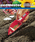 Rapli Clip Vibrating Hand Seeder For Precise Quick Sowing Of Tiny Seeds with red handle being used in soil