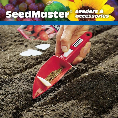 Rapli Clip Vibrating Hand Seeder For Precise Quick Sowing Of Tiny Seeds with red handle being used in soil