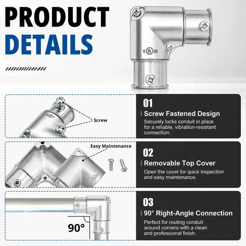 Heavy Duty 3/4 Inch Emt Conduit Fitting 90 Degree Inside Corner Pull Elbow Zinc Die Cast Raceway Setup close-up with detailed features.