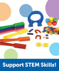 Magnet Lab Kit For Kids Ages 5 And Up With 119 Pieces STEM Toys with wands, magnets, and marbles displayed on colorful background.