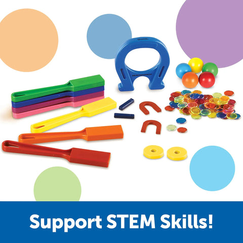 Magnet Lab Kit For Kids Ages 5 And Up With 119 Pieces STEM Toys with wands, magnets, and marbles displayed on colorful background.