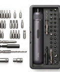 Slick Cordless Electric Screwdriver Kit With 21 Magnetic Bits And 2000mAh Rechargeable Battery Featuring Adjustable Torque tools in a case.
