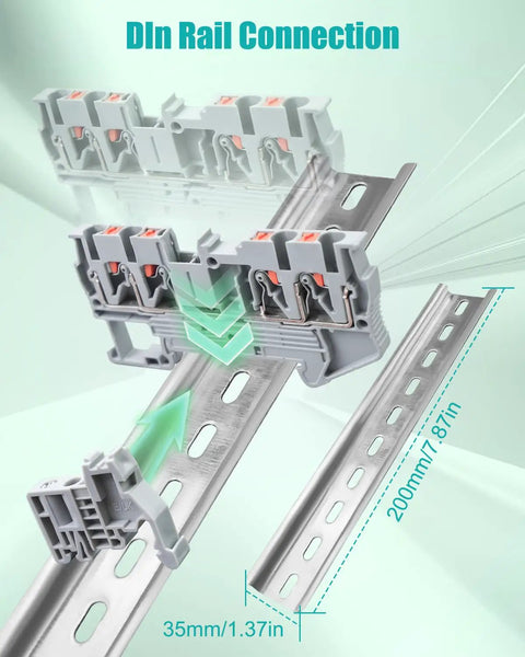 Industrial Grade Heavy Duty Din Rail Terminal Block Kit With 32 Amp Push In Connectors on 35mm rail for plug and play connections.
