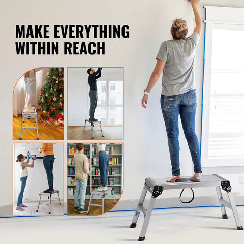 Foldable Aluminum Work Platform 30 by 12 by 20 Inches, Heavy Duty Stool Ladder With 330 Lb Load Capacity, Non Slip Feet, Perfect For Vehicle Washing, Cleaning, Painting, Decorating, And Home Projects. Woman standing on aluminum work platform indoors.