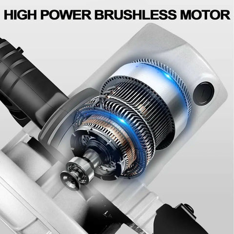 Close-up of No Cord Hassle Cordless Circular Saw 18V Lithium Power Tool High Power Brushless Motor for efficient cuts.
