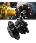 Pro Built 6 Hole Quick Release Steering Wheel Hub Adapter With Snap Off Boss Plate And Anti Theft Heightening Plate For Track Rides And Custom Street Mods In Satin Black, showing black alloy adapter.