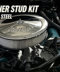 Top Shelf 304 Stainless Steel Air Cleaner Stud Kit With 5 Inch Mounting Hardware and Quarter Inch Thread Rock Solid Wing Nut Assembly built into engine compartment.