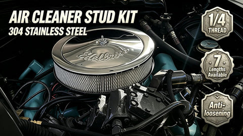 Top Shelf 304 Stainless Steel Air Cleaner Stud Kit With 5 Inch Mounting Hardware and Quarter Inch Thread Rock Solid Wing Nut Assembly built into engine compartment.