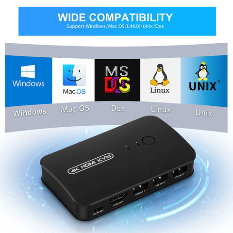 Two PC HDMI USB KVM Switch For Sharing A 4K Monitor Keyboard Mouse And Printer with compatibility logos displayed above the switch