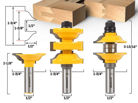 Pro Grade Exterior Door Router Bit Set With Ogee Profile And Extended Tenon For Rails And Stiles, Three Bit Kit, Diagram Included