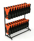 Rolling Life Jacket Display Rack for Pools and Docks, 3 tiers with orange vests, iron frame, on wheels, holds 30 vests