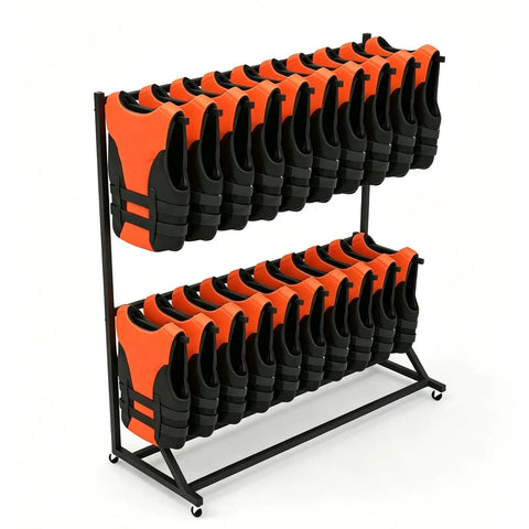 Rolling Life Jacket Display Rack for Pools and Docks, 3 tiers with orange vests, iron frame, on wheels, holds 30 vests