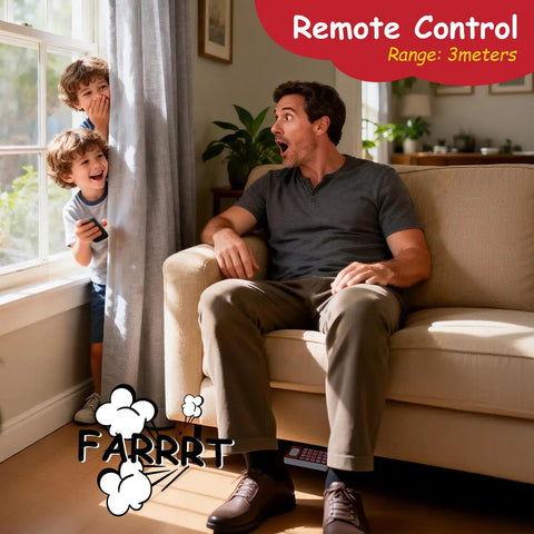 A family laughing at home with a remote-controlled prank using the Sound Effect Machine For Adults With Remote Control, 16 Hilarious Prank Sounds, 5V USB Charging, RGB Color Lights, 12 Inch Cube Design, Perfect Party Prop For Laughs And Gags.