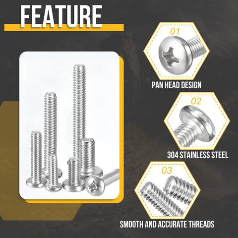 One Quarter Inch Pan Head Machine Screws Assortment Kit 100 Pieces Stainless Steel Phillips Bolts For Machinery Durable Rust Resistant Silver Finish Built For The Toolbox And Beefy For DIY Fixes, featuring pan head design, 304 stainless steel, smooth and accurate threads.